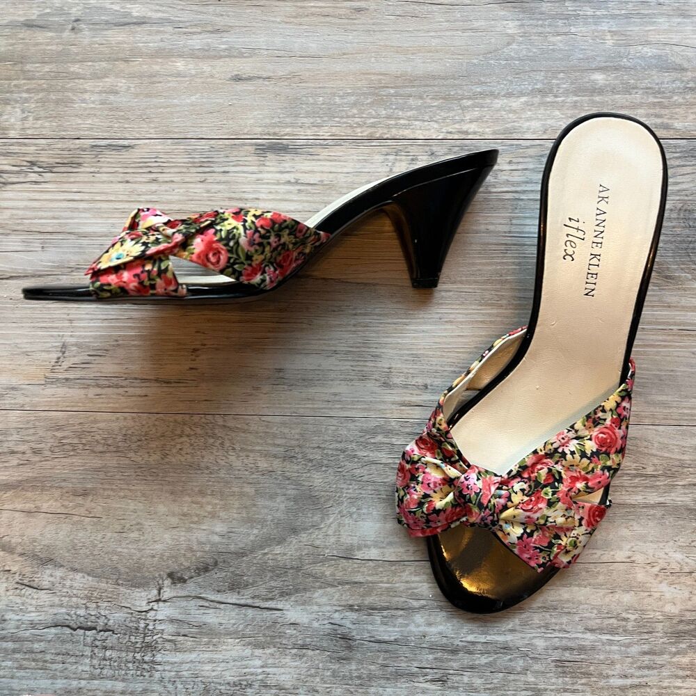 Anne Klein Kitten Heels Y2K Sz 6.5 Bow Floral Black Pink Cute Bright Girly - Picture 6 of 6